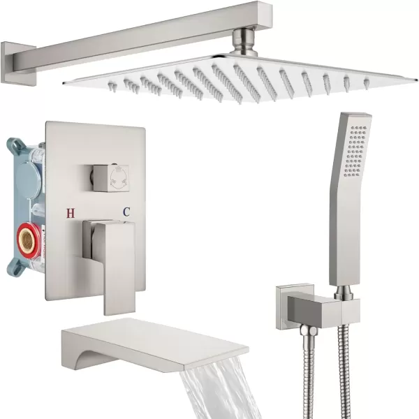 imagegotonovo Shower System with Tub SpoutWaterfall Tub Shower Faucet Set for Bathroom with 10 inch Rain Shower Head and Handheld Spray Wall Mounted Roughin Valve and Trim Included Matte BlackBrushed Nickel