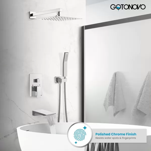 imagegotonovo Shower System with Tub SpoutWaterfall Tub Shower Faucet Set for Bathroom with 10 inch Rain Shower Head and Handheld Spray Wall Mounted Roughin Valve and Trim Included Polished Chrome