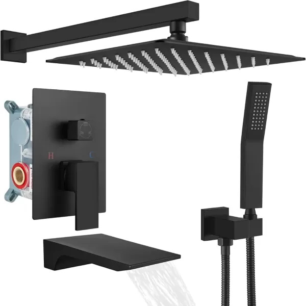 imagegotonovo Shower System with Tub SpoutWaterfall Tub Shower Faucet Set for Bathroom with 10 inch Rain Shower Head and Handheld Spray Wall Mounted Roughin Valve and Trim Included Matte BlackMatte Black