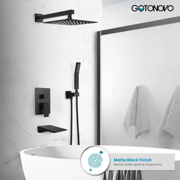 imagegotonovo Shower System with Tub SpoutWaterfall Tub Shower Faucet Set for Bathroom with 10 inch Rain Shower Head and Handheld Spray Wall Mounted Roughin Valve and Trim Included Matte BlackMatte Black