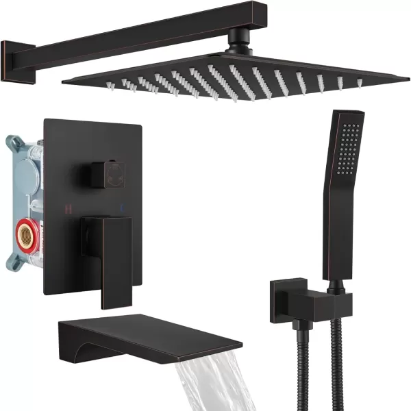 imagegotonovo Shower System with Tub SpoutWaterfall Tub Shower Faucet Set for Bathroom with 10 inch Rain Shower Head and Handheld Spray Wall Mounted Roughin Valve and Trim Included Matte BlackOil Rubbed Bronze