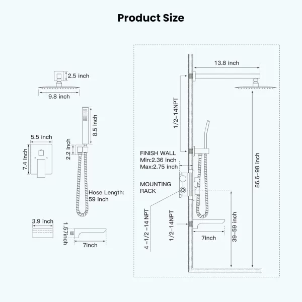 imagegotonovo Shower System with Tub SpoutWaterfall Tub Shower Faucet Set for Bathroom with 10 inch Rain Shower Head and Handheld Spray Wall Mounted Roughin Valve and Trim Included Matte BlackOil Rubbed Bronze