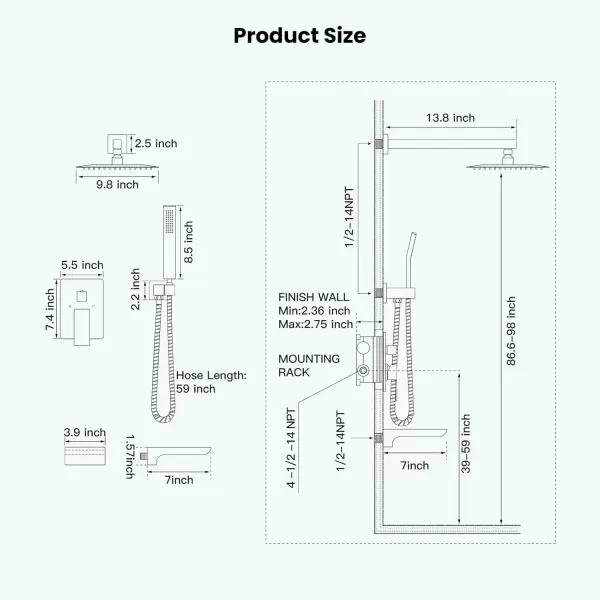 imagegotonovo Shower System with Tub SpoutWaterfall Tub Shower Faucet Set for Bathroom with 10 inch Rain Shower Head and Handheld Spray Wall Mounted Roughin Valve and Trim Included Matte BlackMatte Black