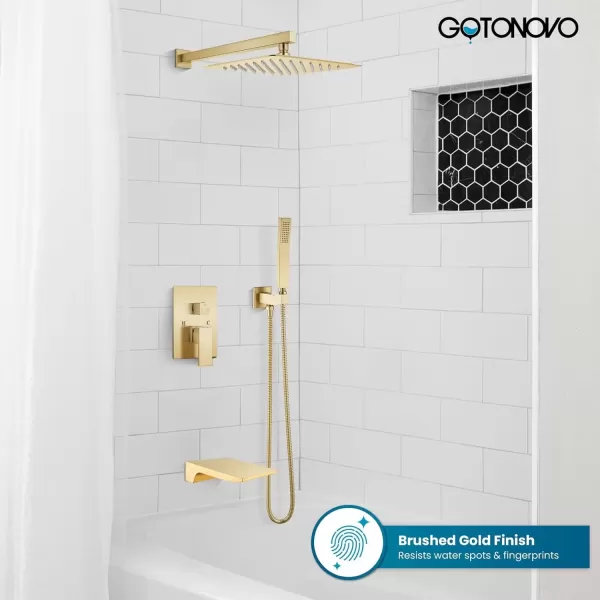 imagegotonovo Shower System with Tub SpoutWaterfall Tub Shower Faucet Set for Bathroom with 10 inch Rain Shower Head and Handheld Spray Wall Mounted Roughin Valve and Trim Included Matte BlackBrushed Gold