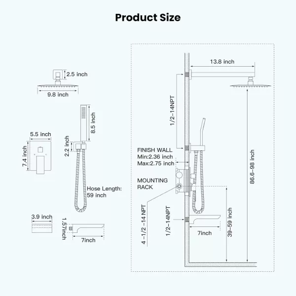 imagegotonovo Shower System with Tub SpoutWaterfall Tub Shower Faucet Set for Bathroom with 10 inch Rain Shower Head and Handheld Spray Wall Mounted Roughin Valve and Trim Included Matte BlackBrushed Gold