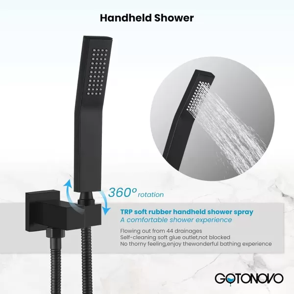 imagegotonovo Shower System with Tub SpoutWaterfall Tub Shower Faucet Set for Bathroom with 10 inch Rain Shower Head and Handheld Spray Wall Mounted Roughin Valve and Trim Included Matte BlackMatte Black