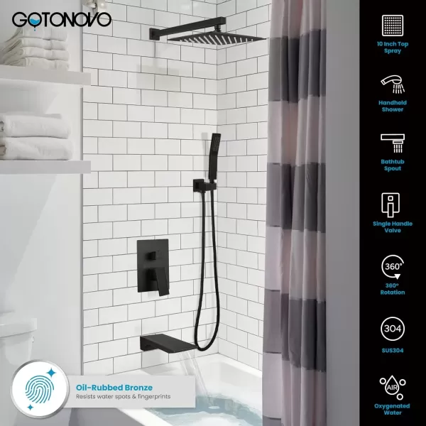 imagegotonovo Shower System with Tub SpoutWaterfall Tub Shower Faucet Set for Bathroom with 10 inch Rain Shower Head and Handheld Spray Wall Mounted Roughin Valve and Trim Included Matte BlackOil Rubbed Bronze