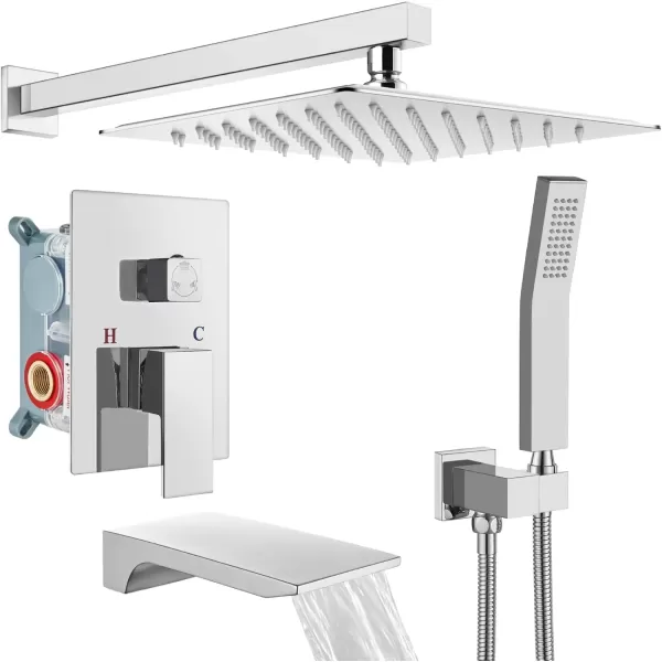imagegotonovo Shower System with Tub SpoutWaterfall Tub Shower Faucet Set for Bathroom with 10 inch Rain Shower Head and Handheld Spray Wall Mounted Roughin Valve and Trim Included Polished Chrome