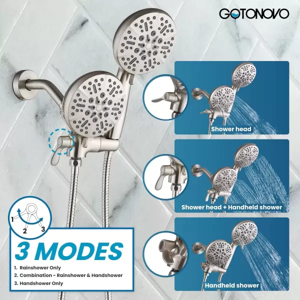 imagegotonovo Shower Valve and Trim Kit 2 in 1 Shower Head and Handle Set System Bathroom Shower Faucet Set 3 Modes Various Combinations High Pressure with Roughin Valve Brushed NickelBrushed Nickel