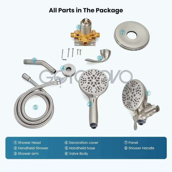 imagegotonovo Shower Valve and Trim Kit 2 in 1 Shower Head and Handle Set System Bathroom Shower Faucet Set 3 Modes Various Combinations High Pressure with Roughin Valve Brushed NickelBrushed Nickel