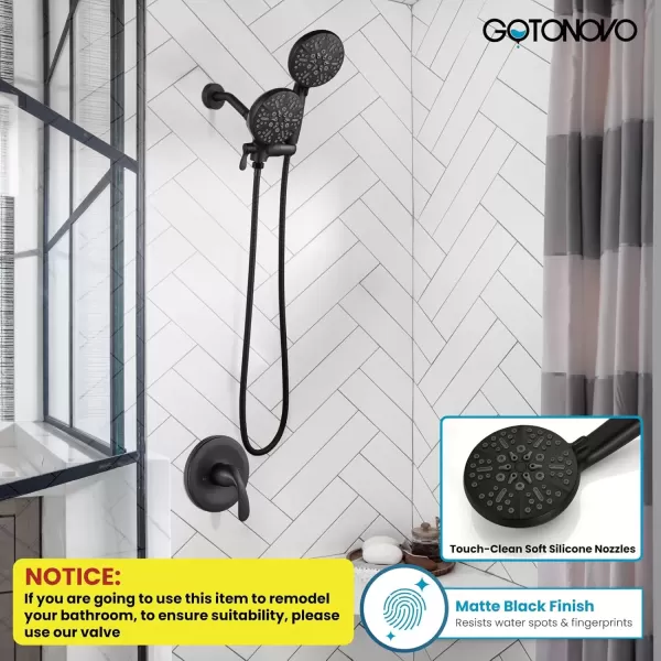 imagegotonovo Shower Valve and Trim Kit 2 in 1 Shower Head and Handle Set System Bathroom Shower Faucet Set 3 Modes Various Combinations High Pressure with Roughin Valve Brushed NickelMatte Black