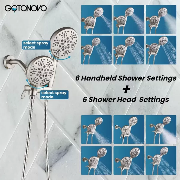 imagegotonovo Shower Valve and Trim Kit 2 in 1 Shower Head and Handle Set System Bathroom Shower Faucet Set 3 Modes Various Combinations High Pressure with Roughin Valve Brushed NickelBrushed Nickel