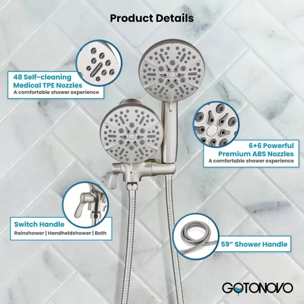 imagegotonovo Shower Valve and Trim Kit 2 in 1 Shower Head and Handle Set System Bathroom Shower Faucet Set 3 Modes Various Combinations High Pressure with Roughin Valve Brushed NickelBrushed Nickel