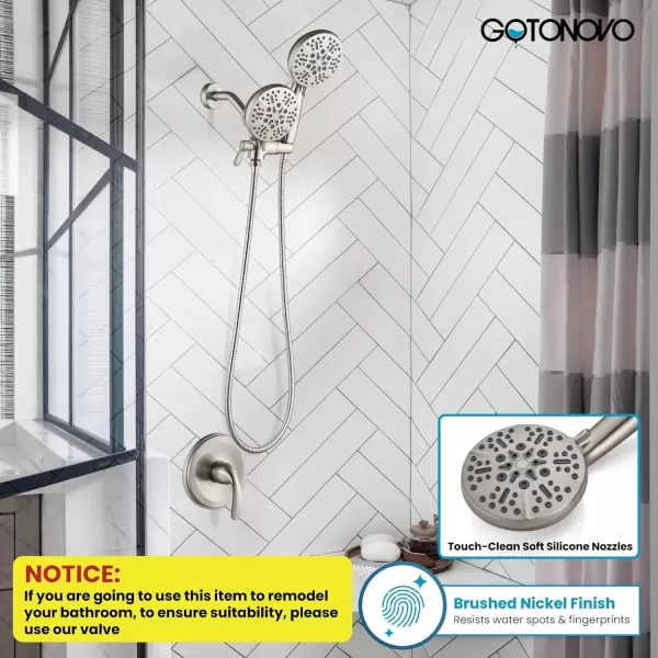 imagegotonovo Shower Valve and Trim Kit 2 in 1 Shower Head and Handle Set System Bathroom Shower Faucet Set 3 Modes Various Combinations High Pressure with Roughin Valve Brushed NickelBrushed Nickel