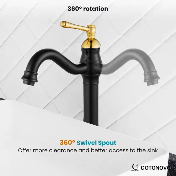 imagegotonovo Single Handle Vessel Sink Faucet 360 Swivel Bathroom Faucet One Hole Farmhouse Lavatory Vanity Faucet Bowl Sink Mixer Tap with Pop Up Drain Oil Rubbed BronzeMatte Black and Polish Gold