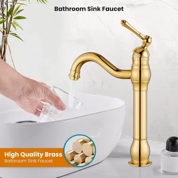 imagegotonovo Single Handle Vessel Sink Faucet 360 Swivel Bathroom Faucet One Hole Farmhouse Lavatory Vanity Faucet Bowl Sink Mixer Tap with Pop Up Drain Oil Rubbed BronzePolish Gold
