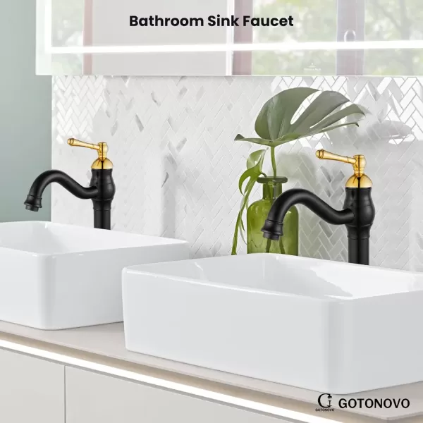 imagegotonovo Single Handle Vessel Sink Faucet 360 Swivel Bathroom Faucet One Hole Farmhouse Lavatory Vanity Faucet Bowl Sink Mixer Tap with Pop Up Drain Oil Rubbed BronzeMatte Black and Polish Gold