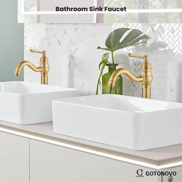 imagegotonovo Single Handle Vessel Sink Faucet 360 Swivel Bathroom Faucet One Hole Farmhouse Lavatory Vanity Faucet Bowl Sink Mixer Tap with Pop Up Drain Oil Rubbed BronzeAntique Brass