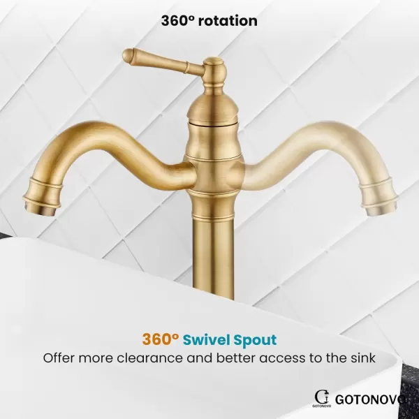 imagegotonovo Single Handle Vessel Sink Faucet 360 Swivel Bathroom Faucet One Hole Farmhouse Lavatory Vanity Faucet Bowl Sink Mixer Tap with Pop Up Drain Oil Rubbed BronzeAntique Brass