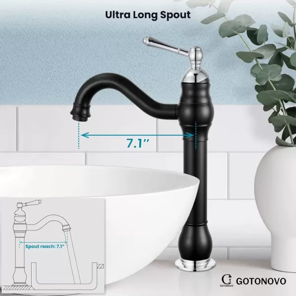 imagegotonovo Single Handle Vessel Sink Faucet 360 Swivel Bathroom Faucet One Hole Farmhouse Lavatory Vanity Faucet Bowl Sink Mixer Tap with Pop Up Drain Oil Rubbed BronzeMatte Black and Polish Chrome