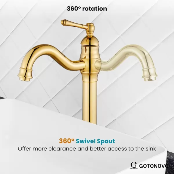 imagegotonovo Single Handle Vessel Sink Faucet 360 Swivel Bathroom Faucet One Hole Farmhouse Lavatory Vanity Faucet Bowl Sink Mixer Tap with Pop Up Drain Oil Rubbed BronzePolish Gold