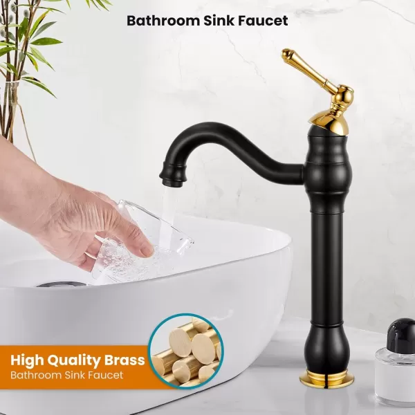 imagegotonovo Single Handle Vessel Sink Faucet 360 Swivel Bathroom Faucet One Hole Farmhouse Lavatory Vanity Faucet Bowl Sink Mixer Tap with Pop Up Drain Oil Rubbed BronzeMatte Black and Polish Gold