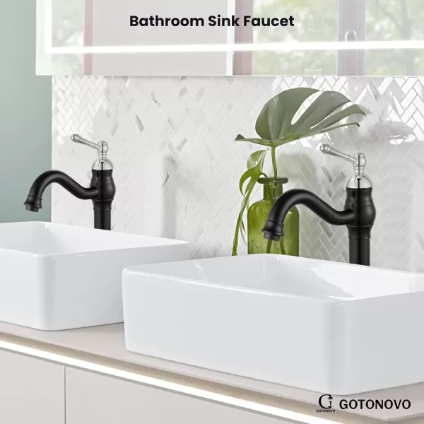 imagegotonovo Single Handle Vessel Sink Faucet 360 Swivel Bathroom Faucet One Hole Farmhouse Lavatory Vanity Faucet Bowl Sink Mixer Tap with Pop Up Drain Oil Rubbed BronzeMatte Black and Polish Chrome