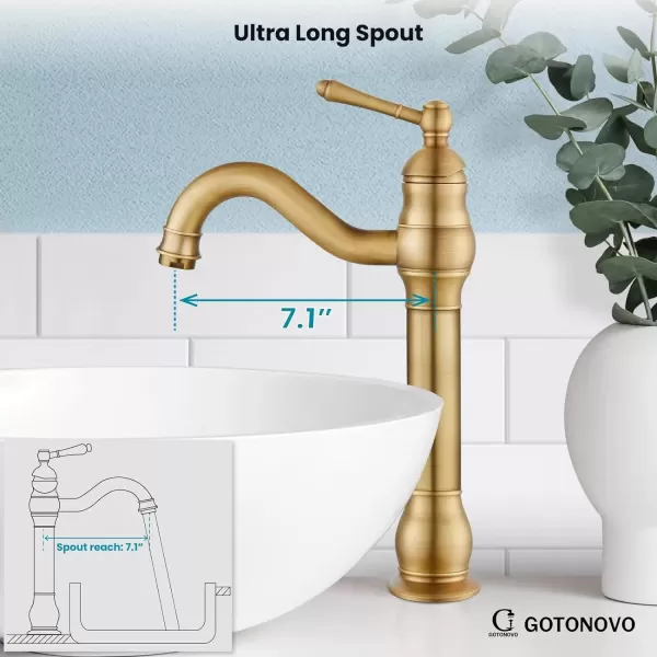 imagegotonovo Single Handle Vessel Sink Faucet 360 Swivel Bathroom Faucet One Hole Farmhouse Lavatory Vanity Faucet Bowl Sink Mixer Tap with Pop Up Drain Oil Rubbed BronzeAntique Brass