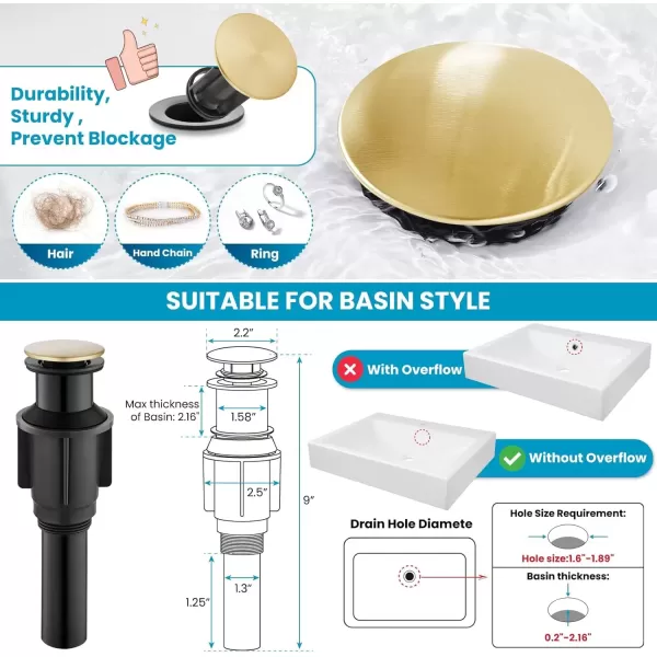 imagegotonovo Single Handle Vessel Sink Faucet 360 Swivel Bathroom Faucet One Hole Farmhouse Lavatory Vanity Faucet Bowl Sink Mixer Tap with Pop Up Drain Oil Rubbed BronzeBrushed Gold