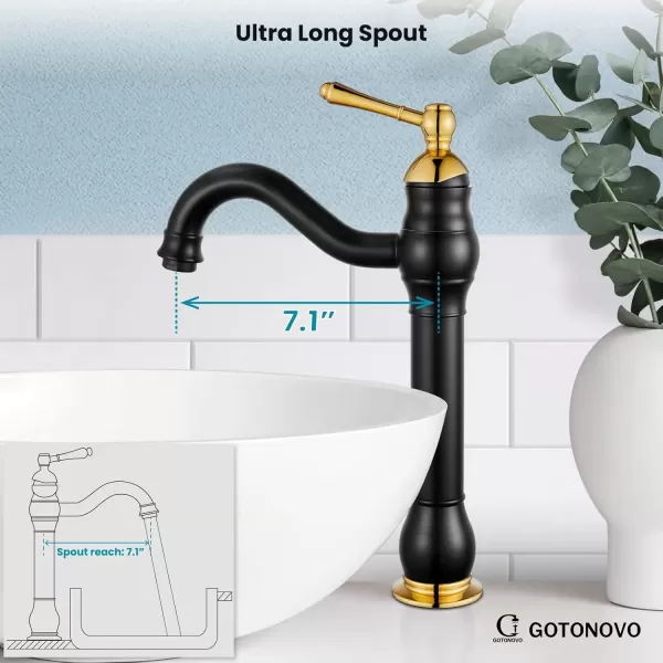 imagegotonovo Single Handle Vessel Sink Faucet 360 Swivel Bathroom Faucet One Hole Farmhouse Lavatory Vanity Faucet Bowl Sink Mixer Tap with Pop Up Drain Oil Rubbed BronzeMatte Black and Polish Gold