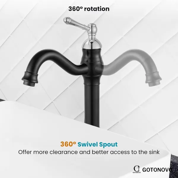 imagegotonovo Single Handle Vessel Sink Faucet 360 Swivel Bathroom Faucet One Hole Farmhouse Lavatory Vanity Faucet Bowl Sink Mixer Tap with Pop Up Drain Oil Rubbed BronzeMatte Black and Polish Chrome