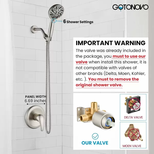 imagegotonovo SingleHandle Shower Faucet Set Shower Kit with Valve Shower Head and Handle Set Shower Trim Kit with 6 Modes ABS Handheld Shower Fixtures Shower Valve and Trim Kit Matte BlackBrushed Nickel