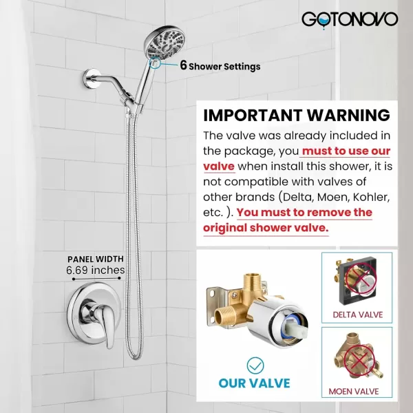 imagegotonovo SingleHandle Shower Faucet Set Shower Kit with Valve Shower Head and Handle Set Shower Trim Kit with 6 Modes ABS Handheld Shower Fixtures Shower Valve and Trim Kit Matte BlackPolished Chrome