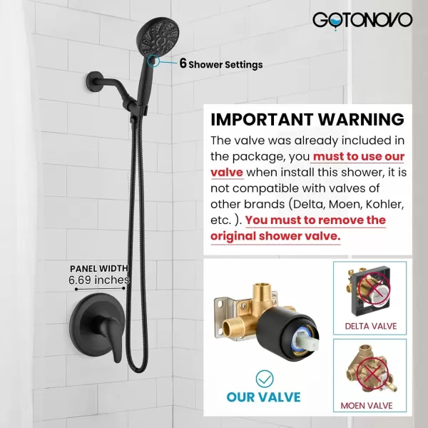 imagegotonovo SingleHandle Shower Faucet Set Shower Kit with Valve Shower Head and Handle Set Shower Trim Kit with 6 Modes ABS Handheld Shower Fixtures Shower Valve and Trim Kit Matte BlackMatte Black