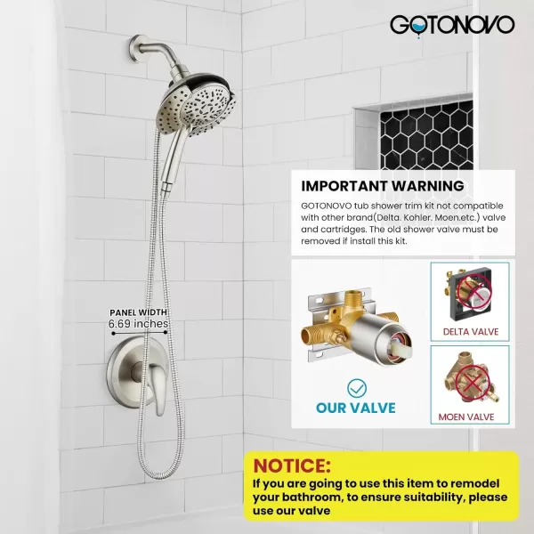 imagegotonovo SingleHandle Shower Faucet Set Shower Trim Kit with 9Spray 2in1 Dual Hand Held Shower Head with Hose Wall Mounted Pressure Balancing Mixer Valve with Tub Spout Polished ChromeBrushed Nickel