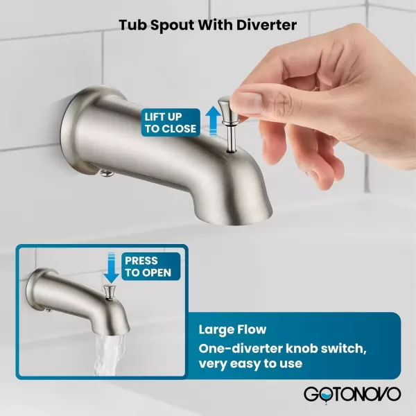 imagegotonovo SingleHandle Shower Faucet Set Shower Trim Kit with 9Spray 2in1 Dual Hand Held Shower Head with Hose Wall Mounted Pressure Balancing Mixer Valve with Tub Spout Polished ChromeBrushed Nickel