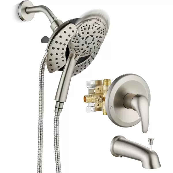 imagegotonovo SingleHandle Shower Faucet Set Shower Trim Kit with 9Spray 2in1 Dual Hand Held Shower Head with Hose Wall Mounted Pressure Balancing Mixer Valve with Tub Spout Polished ChromeBrushed Nickel