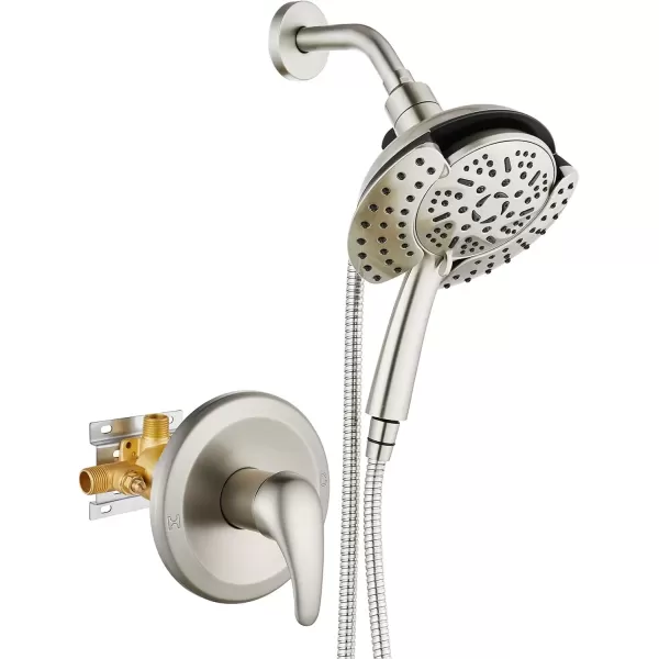 imagegotonovo SingleHandle Shower Faucet Set Shower Trim Kit with 9Spray 2in1 Dual Hand Held Shower Head with Hose Wall Mounted Pressure Balancing Mixer Valve with Tub Spout Polished ChromeBrushed Nickel