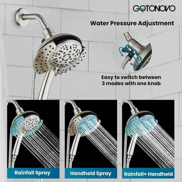 imagegotonovo SingleHandle Shower Faucet Set Shower Trim Kit with 9Spray 2in1 Dual Hand Held Shower Head with Hose Wall Mounted Pressure Balancing Mixer Valve with Tub Spout Polished ChromeBrushed Nickel