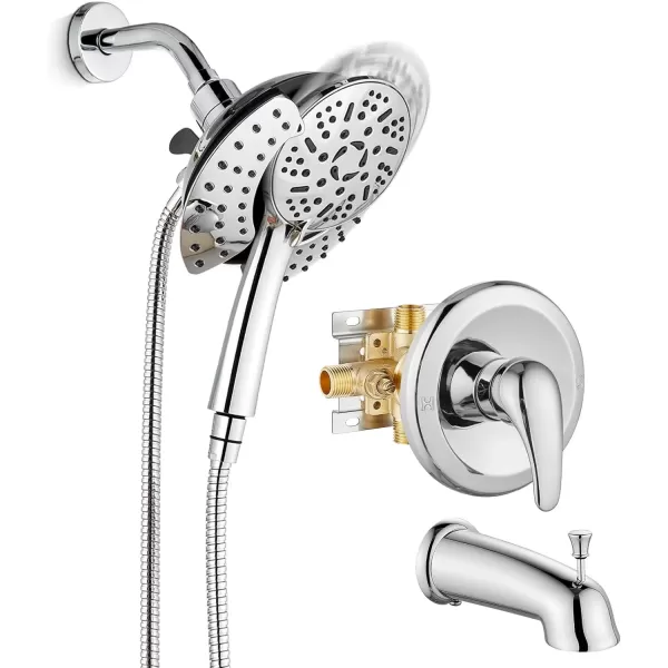 imagegotonovo SingleHandle Shower Faucet Set Shower Trim Kit with 9Spray 2in1 Dual Hand Held Shower Head with Hose Wall Mounted Pressure Balancing Mixer Valve with Tub Spout Polished ChromePolished Chrome