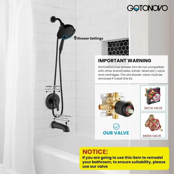 imagegotonovo SingleHandle Shower Faucet Set Shower Trim Kit with 9Spray 2in1 Dual Hand Held Shower Head with Hose Wall Mounted Pressure Balancing Mixer Valve with Tub Spout Polished ChromeMatte Black