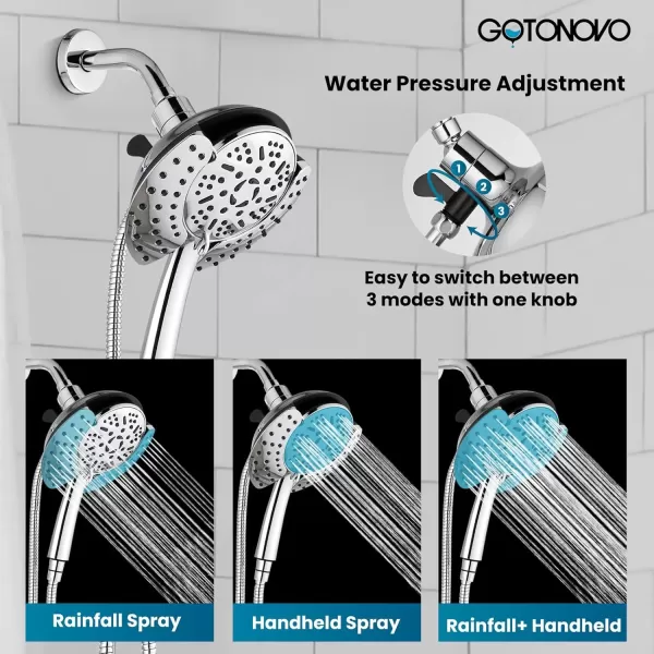imagegotonovo SingleHandle Shower Faucet Set Shower Trim Kit with 9Spray 2in1 Dual Hand Held Shower Head with Hose Wall Mounted Pressure Balancing Mixer Valve with Tub Spout Polished ChromePolished Chrome