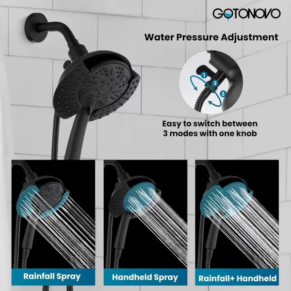 imagegotonovo SingleHandle Shower Faucet Set Shower Trim Kit with 9Spray 2in1 Dual Hand Held Shower Head with Hose Wall Mounted Pressure Balancing Mixer Valve with Tub Spout Polished ChromeMatte Black