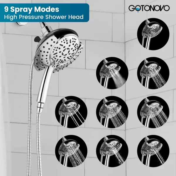 imagegotonovo SingleHandle Shower Faucet Set Shower Trim Kit with 9Spray 2in1 Dual Hand Held Shower Head with Hose Wall Mounted Pressure Balancing Mixer Valve with Tub Spout Polished ChromePolished Chrome