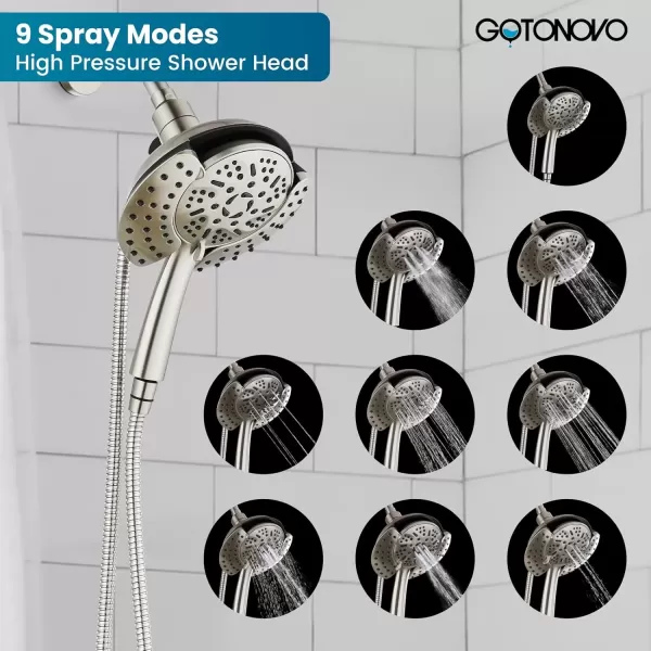 imagegotonovo SingleHandle Shower Faucet Set Shower Trim Kit with 9Spray 2in1 Dual Hand Held Shower Head with Hose Wall Mounted Pressure Balancing Mixer Valve with Tub Spout Polished ChromeBrushed Nickel