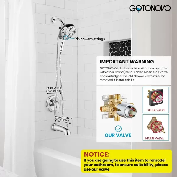 imagegotonovo SingleHandle Shower Faucet Set Shower Trim Kit with 9Spray 2in1 Dual Hand Held Shower Head with Hose Wall Mounted Pressure Balancing Mixer Valve with Tub Spout Polished ChromePolished Chrome