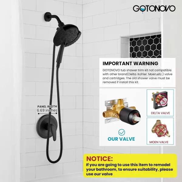imagegotonovo SingleHandle Shower Faucet Set Shower Trim Kit with 9Spray 2in1 Dual Hand Held Shower Head with Hose Wall Mounted Pressure Balancing Mixer Valve with Tub Spout Polished ChromeMatte Black