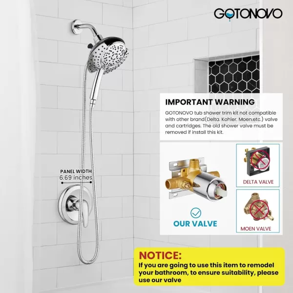 imagegotonovo SingleHandle Shower Faucet Set Shower Trim Kit with 9Spray 2in1 Dual Hand Held Shower Head with Hose Wall Mounted Pressure Balancing Mixer Valve with Tub Spout Polished ChromePolished Chrome