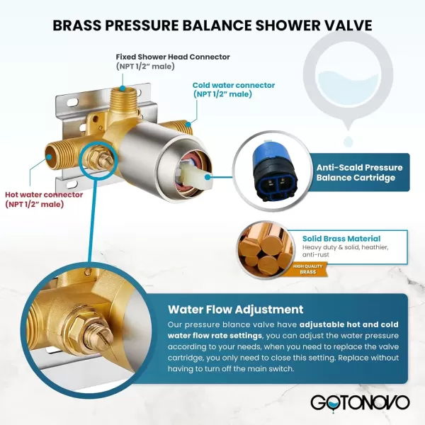 imagegotonovo SingleHandle Shower Faucet Set Shower Trim Kit with 9Spray 2in1 Dual Hand Held Shower Head with Hose Wall Mounted Pressure Balancing Mixer Valve with Tub Spout Polished ChromeBrushed Nickel