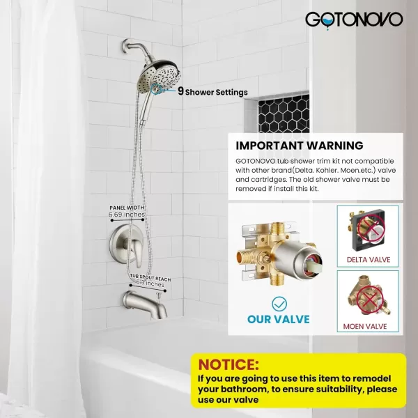 imagegotonovo SingleHandle Shower Faucet Set Shower Trim Kit with 9Spray 2in1 Dual Hand Held Shower Head with Hose Wall Mounted Pressure Balancing Mixer Valve with Tub Spout Polished ChromeBrushed Nickel